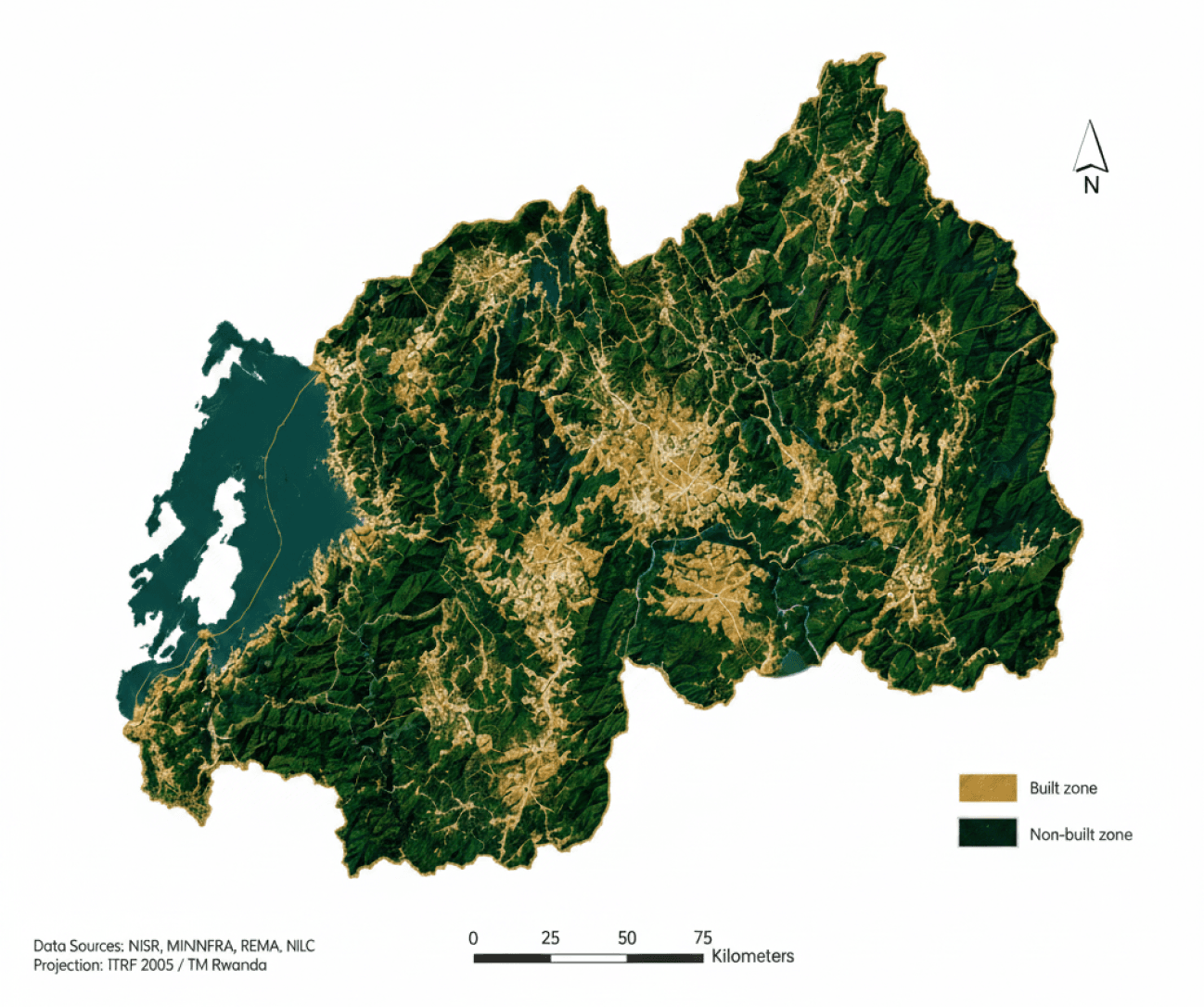 Land-cover map of Rwanda showing built and non-built zones