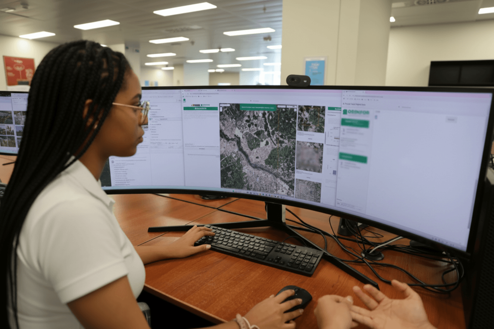 Analyst reviewing satellite imagery on a curved monitor